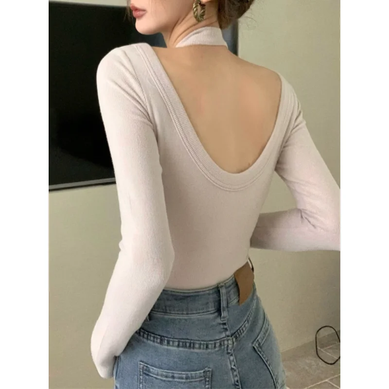 

Корейская футболка весна 2023, вязаные топы с длинным рукавом и воротником Хомутом, Женская стильная рубашка, эластичная ретро-футболка для кроп