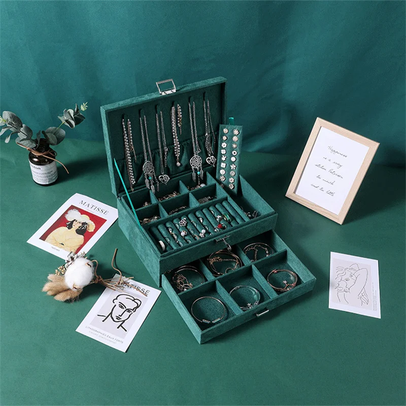 Vintage dark green jewelry box elegant Large capacity jewelry earrings ring jewellery storage boxes necklace organizers storage