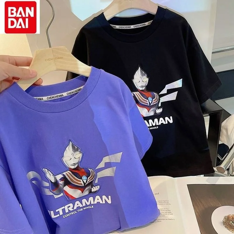

Bandai Anime Ultraman Children's Short-sleeved 2022 Summer Optical Maser Luminous Cartoon Print Casual Loose Cotton Boys T-shirt