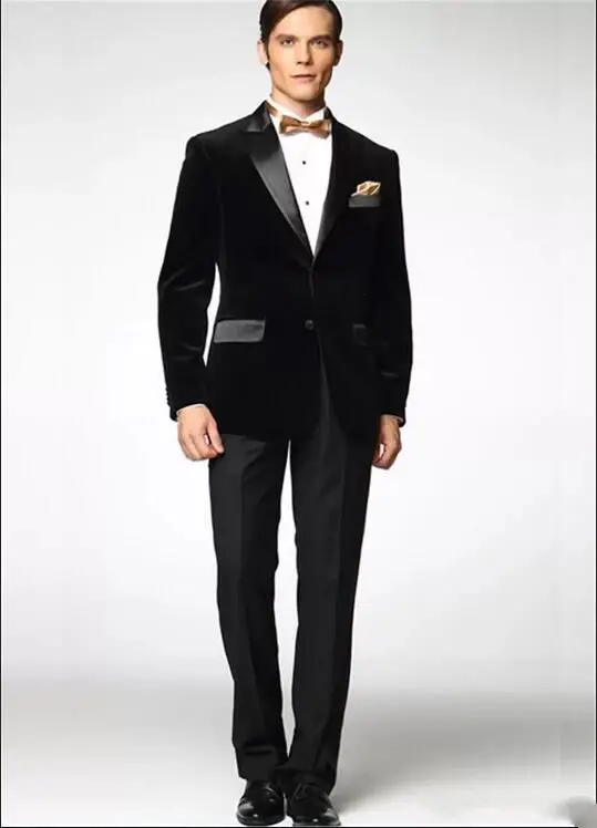 

New Arrivals Two Button Black Velour Groom Tuxedos Peak Lapel Groomsmen Best Man Blazer Mens Wedding Suits (Jacket+Pants+Bowtie)