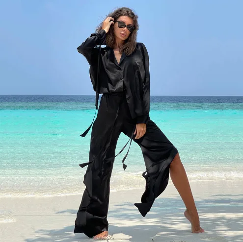 

Elegant Two Pieces Sets Long Sleeve Shirt High Waist Trousers Solid Color Frenulum Suits Women Outfits 2023 Matching Sets