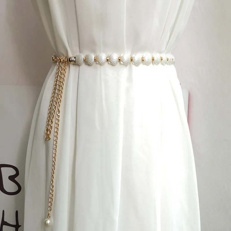 

New Elegant Pearl Women Chain Belt Fashion Shell Metal Lady Waist Belts Thin Slim Dress Long Waistbands Straps Banquet Wedding