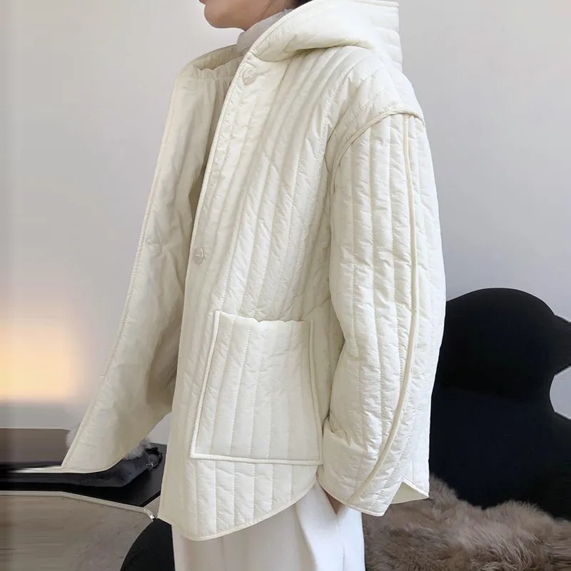 Autumn and Winter Quilted Hooded Parka Coat Women's Fashion Lazy Oversized Warm Coat Korean Casual Commuter Coat Solid Jacket