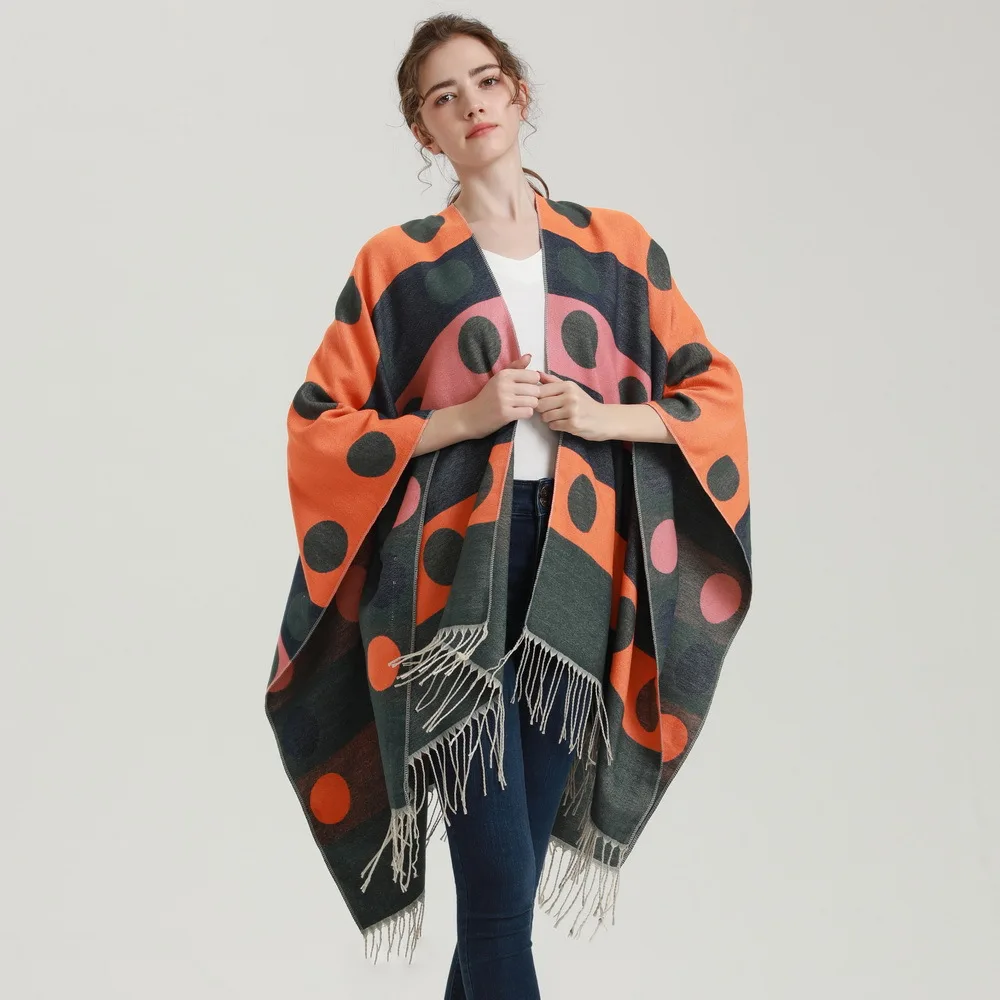 

Winter Ladies Shawl Fringed Polka Dot Cape New Design Thickened and Warm Four Season Pass Oversized Pullover Cloak Sweater Scarf