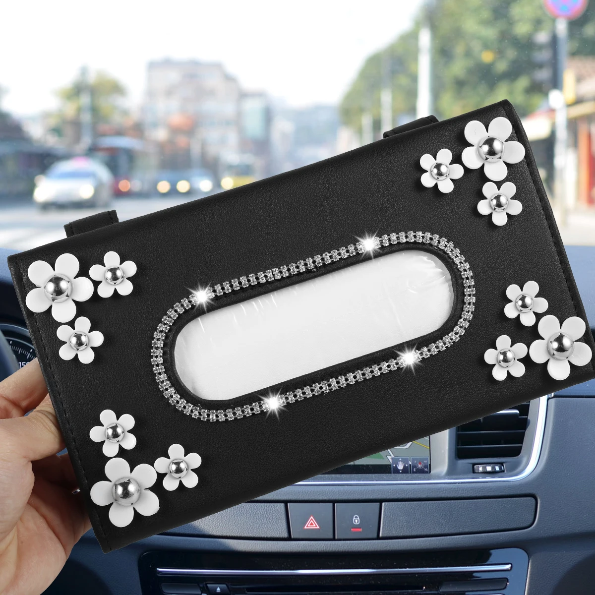 

Car Tissue Holder Car Daisy Sparkling Visor Tissue Box Napkin Box Tissue Case Holder for Car Sun Visor Seat Back Car Accessories