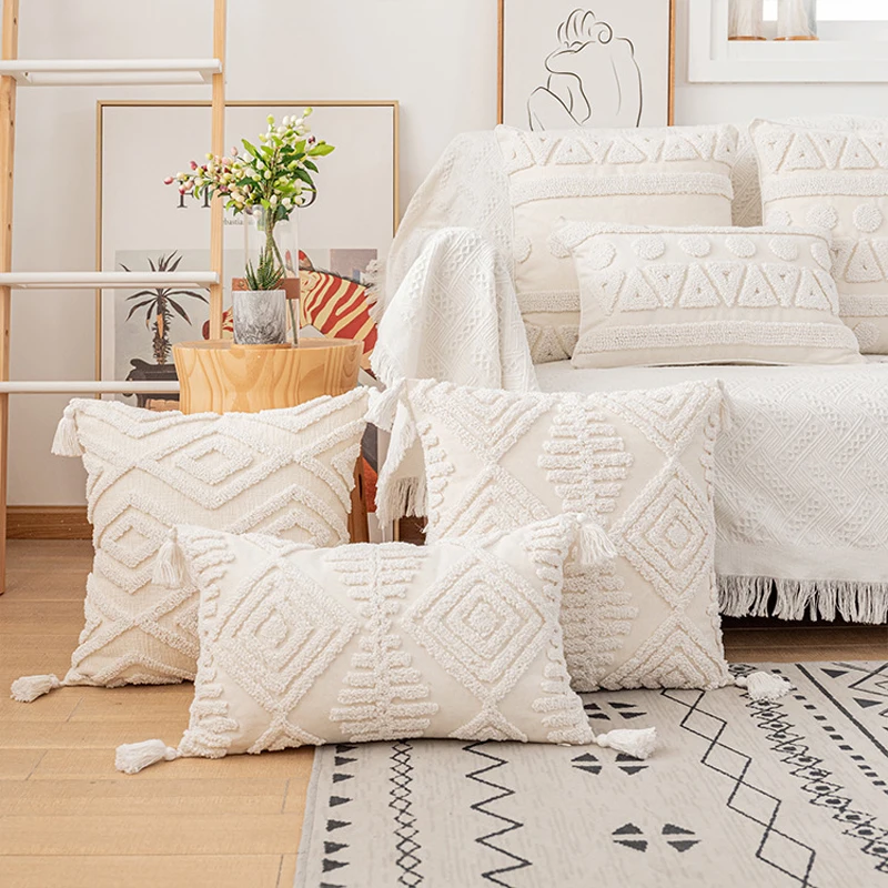 

Morocco Tufted Throw Pillow Case with Tassels Boho Farmhouse Cushion Covers for Sofa Couch Home Décor 45x45cm Cream Beige TJ7143