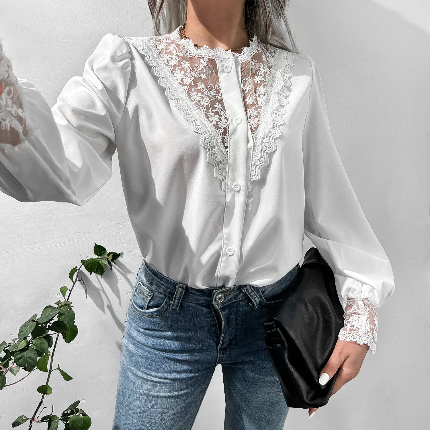 

Elegant Lace OL Shirt Women's 2023 Spring Summer Round Neck Blouse Casual Loose Lantern Sleeve Solid Color Buttons Cardigan Top