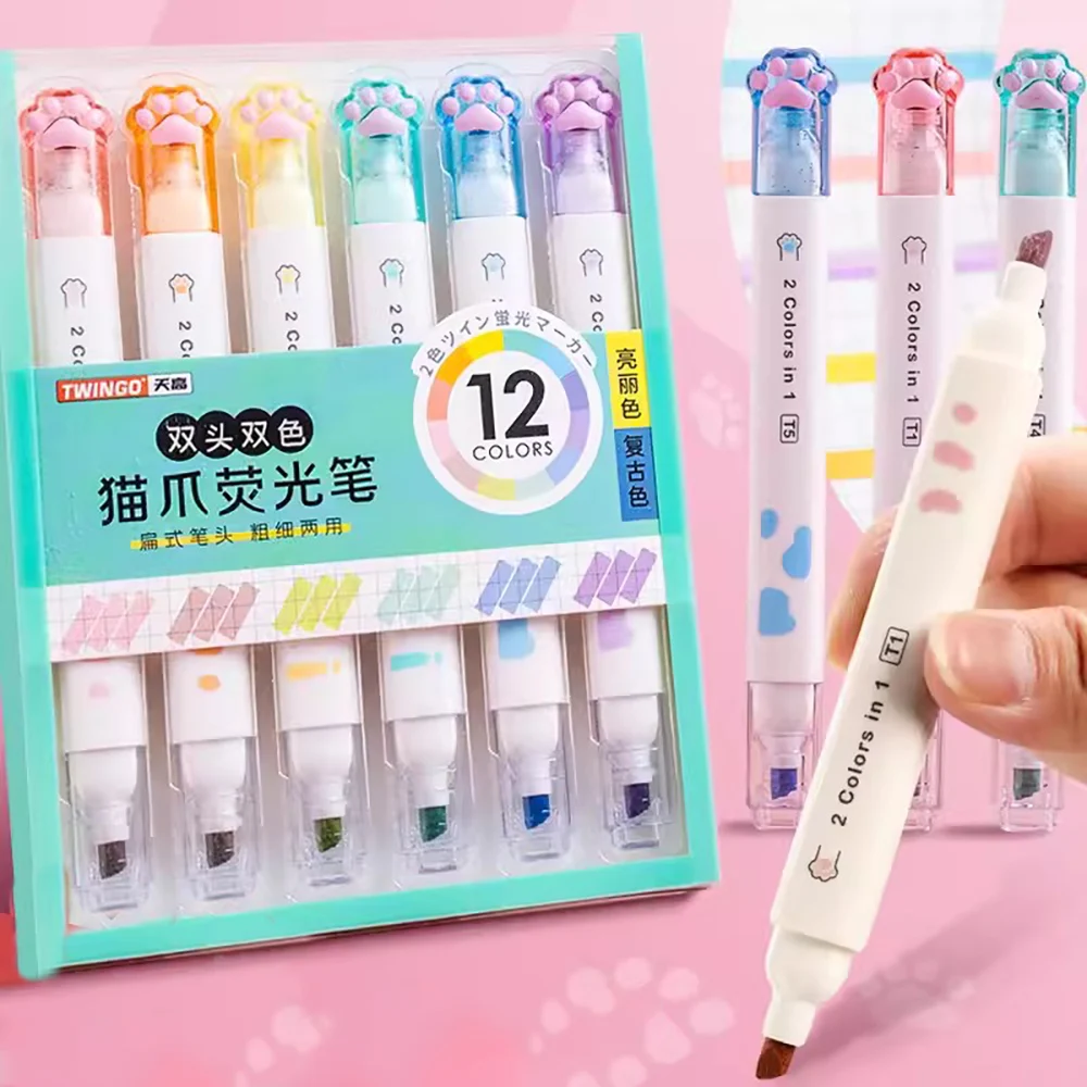 

12 Colors Double Head Marker Pens Kawaii Fluorescent Highlighter Art Markers for Drawing Manga Korean Stationery Office Supplies
