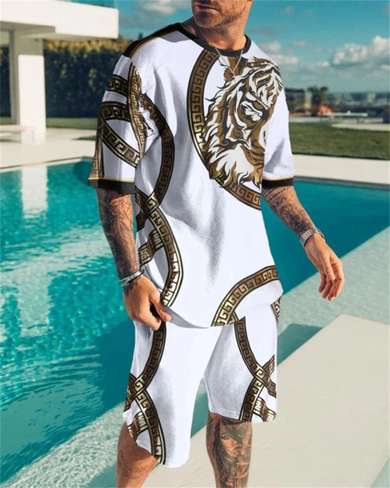 

New Summer European and American Oversized Men's Trend Casual 2023 Beach Style Texture 3D Digital Printing T-shirt Shorts Suit