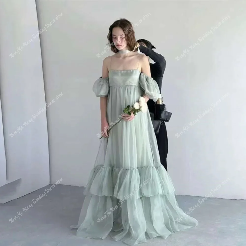 Фото ZHUISHU милое вечернее платье на бретельках с пышными рукавами, прямой слой, корейская свадебная фотосессия, шелковое платье из органзы для выпускного вечера, корсет по индивидуальному заказу №1