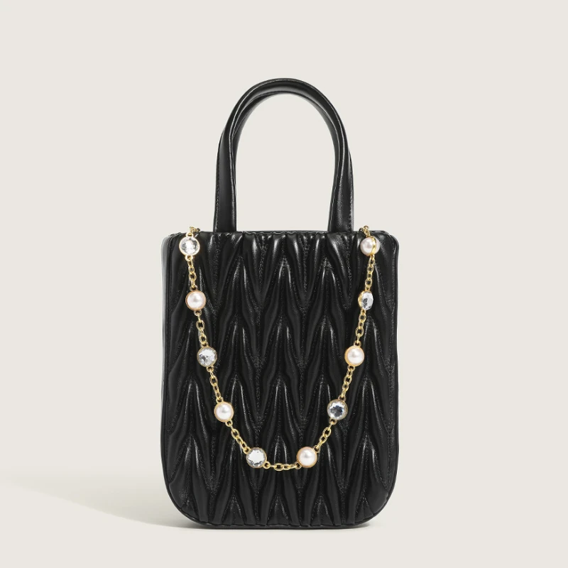 

Spring and Summer Women New Pleated Tote Bag Diamond Pearl Chain Design Women's Small Handbag Female Thread Travel Purses