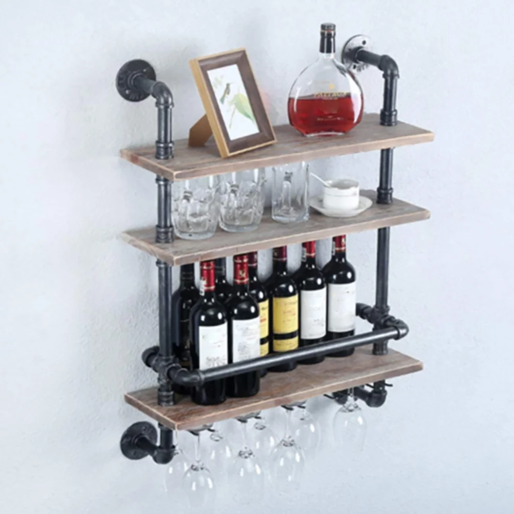 Industrial Pipe Shelf Wine Rack Wall Mounted with Stem Glass Holder 3-Tiers Rustic Floating Bar Shelves Wine Shelf Real Wood