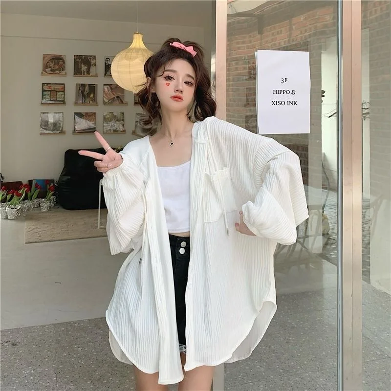 

Sunscreen Coats Summer Solid Hooded Oversize Button Thin Sweatshirts Women Preppy Style Mid Length Zip Up Jackets Casual
