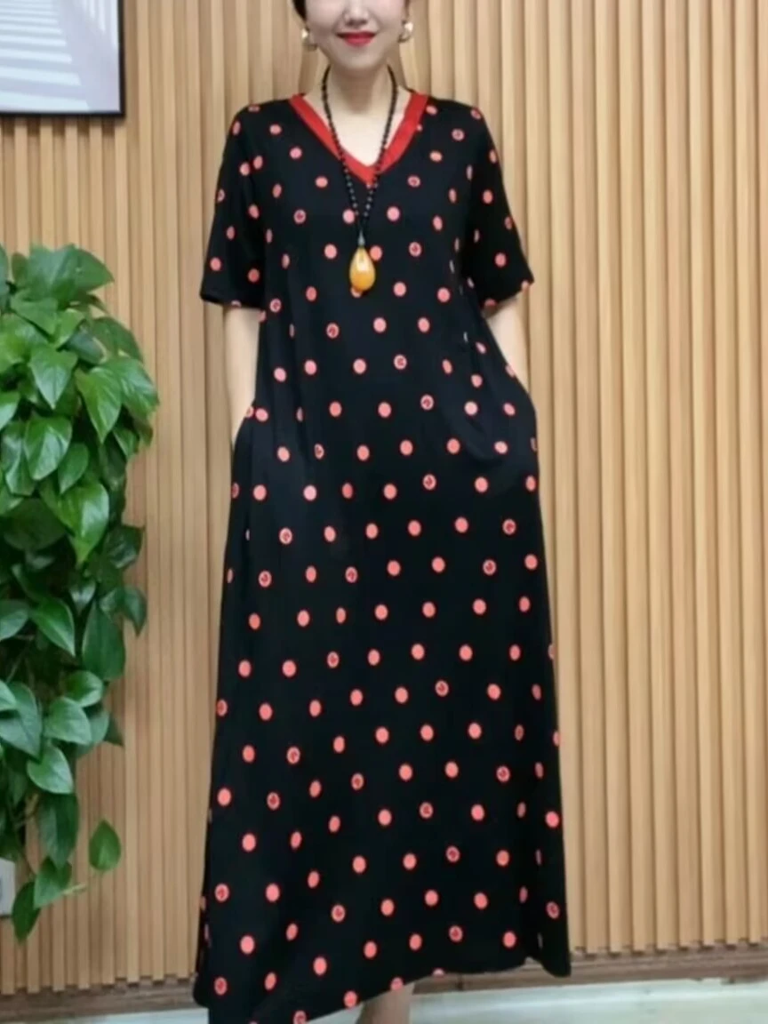 Модное платье в горошек с короткими рукавами новое летнее v-образным вырезом