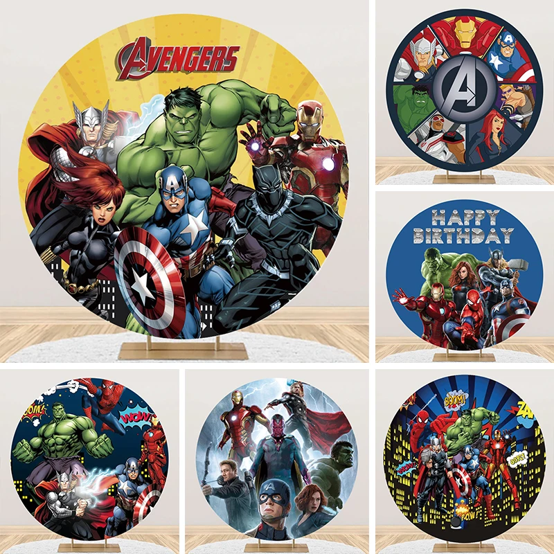 

Superhero Avengers Theme Backdrop Happy Birthday Party Boys Photography Background Cloth Cake Table Decor Circle Studio Banner