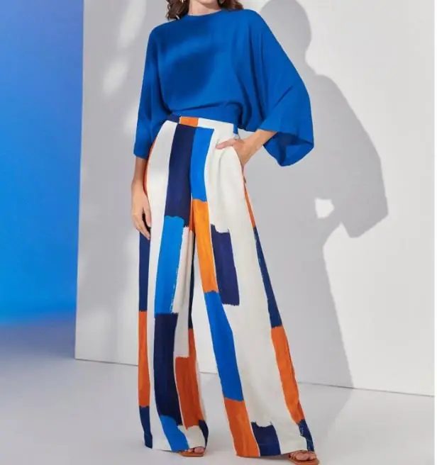 

Women's Pants Set 2023 Fashion Loose Commuter Round Neck Bell Sleeve Blouse Top High Waist Geometry Printed Wide Leg Pants Set