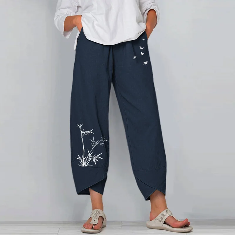 Vintage Print Women Pants Fashion Irregular Casual High Waist Elastic Waist Straight Loose Trousers Summer Lady Cargo Pantalon