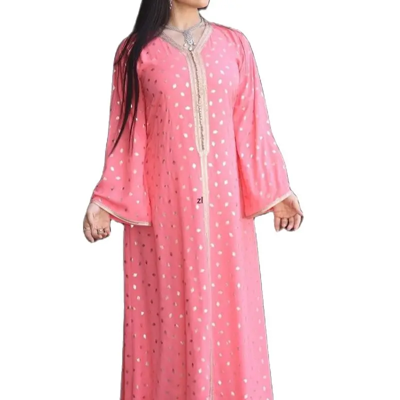 

Abayas For Women Dubai 2022 Maxi Dress Gold Print Stamping Ribbon Trim V Neck Arab Oman Turkey Muslim Clothes 2022 Eid