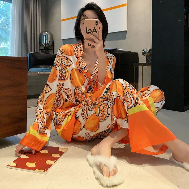 

Long Suit Print Spring for Pajama Summer Female Satin Orange Homewear Women's Lingerie Silk Two Sleepwear New Pants Set Piece