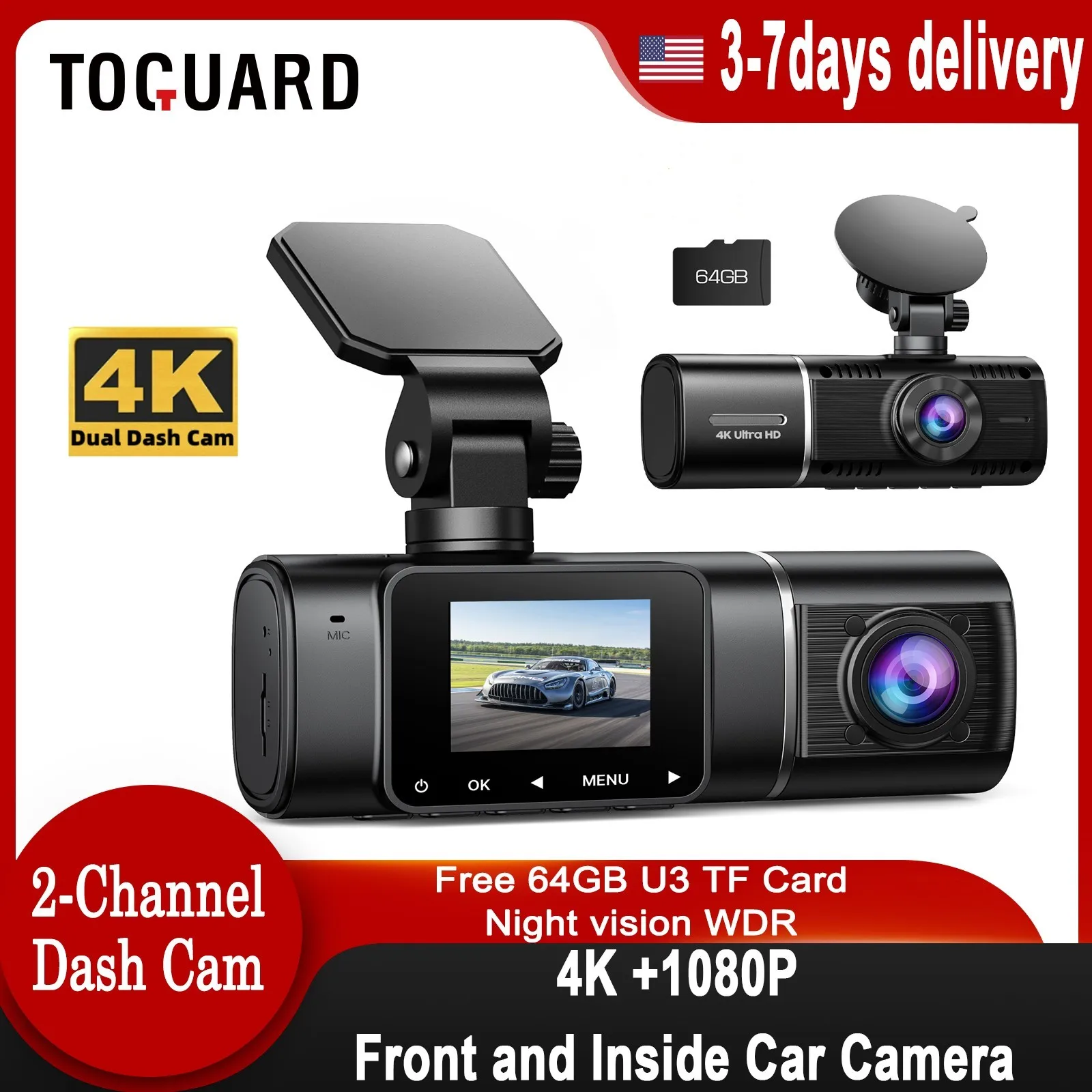 

TOGUARD DC17 2-Channel Dash Camera Front Inside 3840*2160P 4K Uber Car DVR Cabin IR Night Vision 32G/64G/128G/256G U3 TF Card