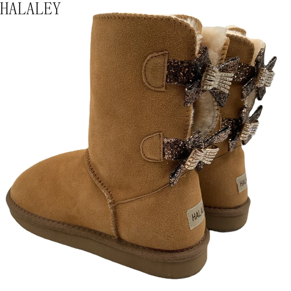 

HALALEY 2022 Fashion High Quality Women Winter Snow Boots Genuine Cow Leather Boots Diamond Bow-knot Boots Cute warm Shoes 34-45
