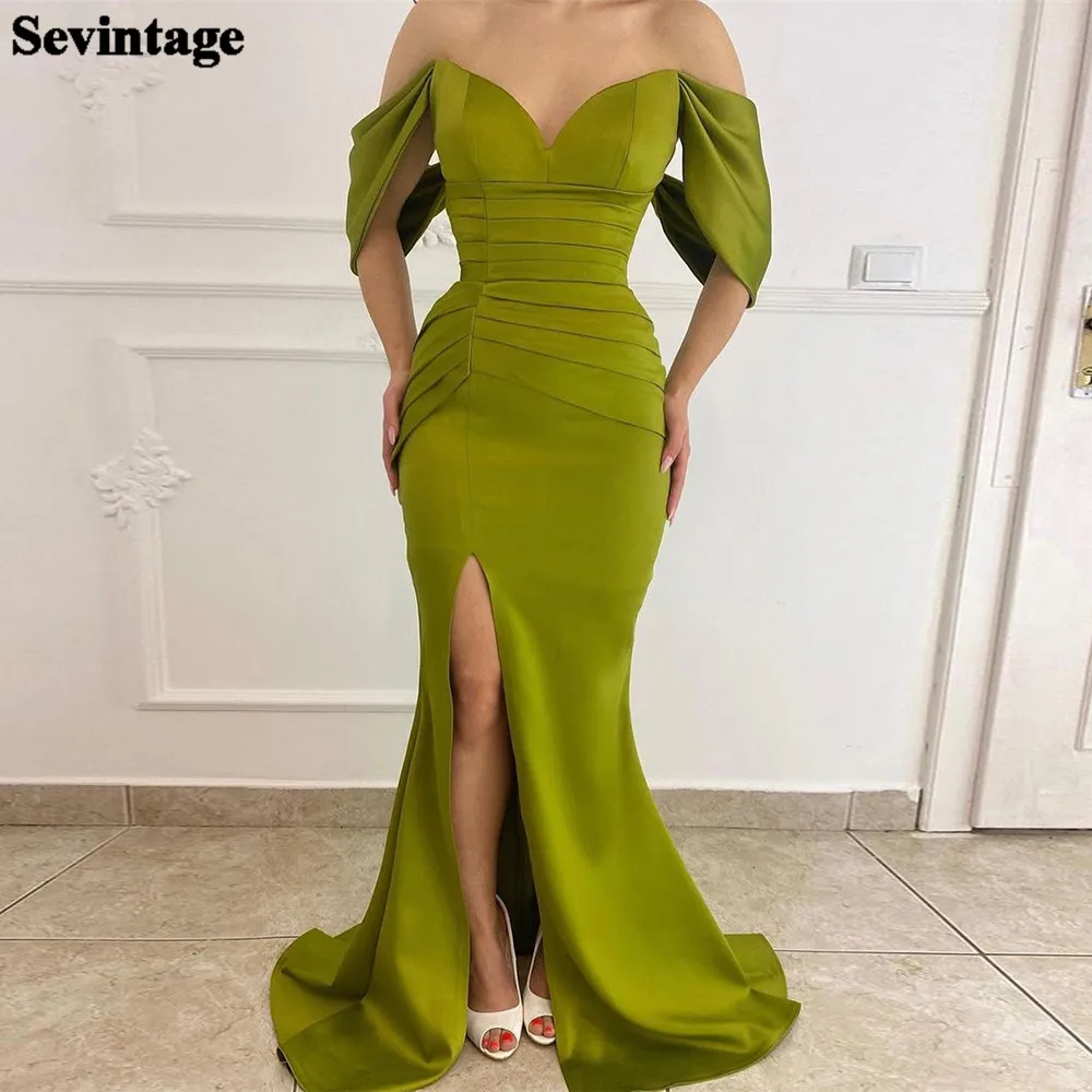 

Sevintage Mermaid Saudi Arabia Prom Party Dresses Off The Shoulder Pleats Evening Gowns Dubai Slit Formal Women Prom Gowns 2022
