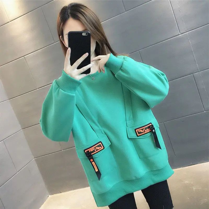 

Woman Sweatshirts 2022 Sweet Korean O-neck Pullovers Streetwear Spring Autumn Solid Color Loose Hoodies Womens Clothing Q46