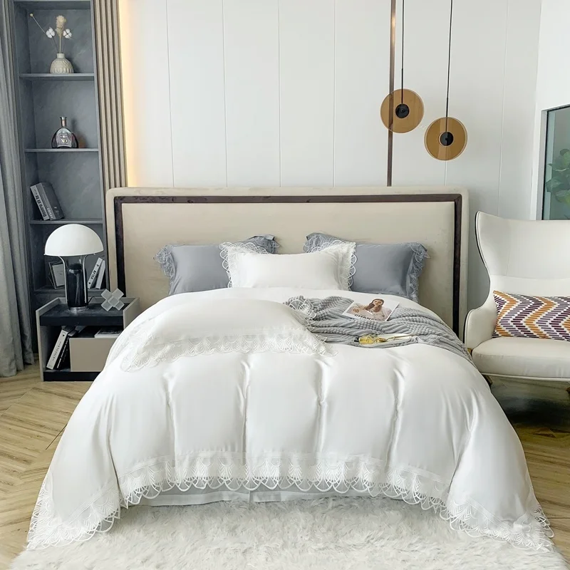 

Summer Cool Bamboo Lace Embroidery Princess Bedding Natural Eucalyptus Fiber Duvet Cover Bed Sheet Set Pillowcases