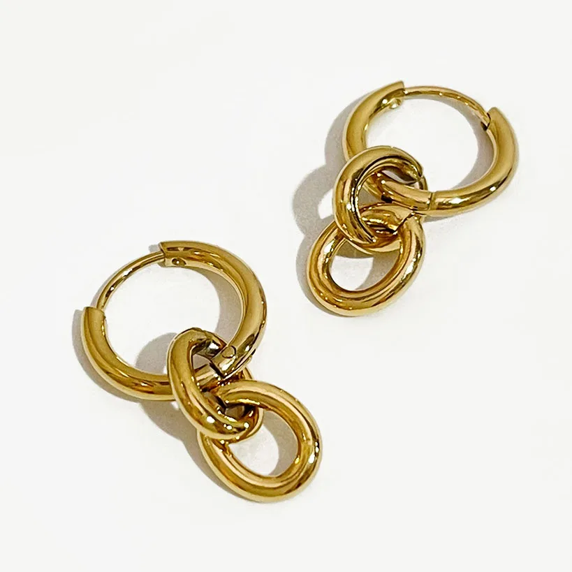 

Peri'sBox Triple Circle Link Chain Drop Earrings for Women Stainless Steel Geometric Dangle Earring Golden Jewelry Brinco