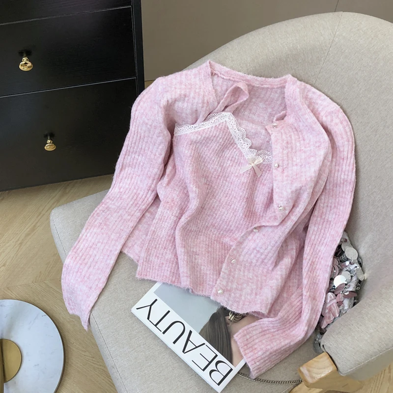 Весенне-осенний новый синий вязаный кардиган с круглым вырезом в ленивом стиле