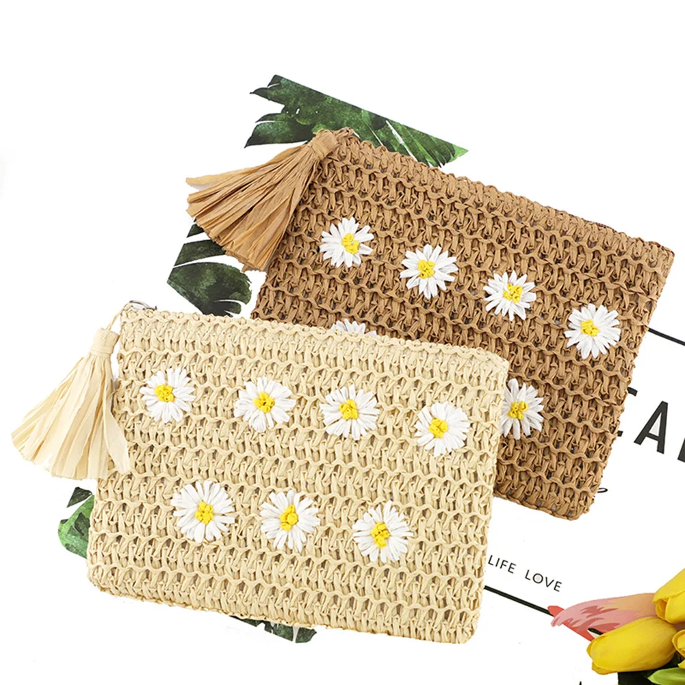

Women Straw Woven Handbag Daisy Flowers Hand-Woven Envelope Summer Bohemian Style Beach Square Bag Tassel Zipper Tote