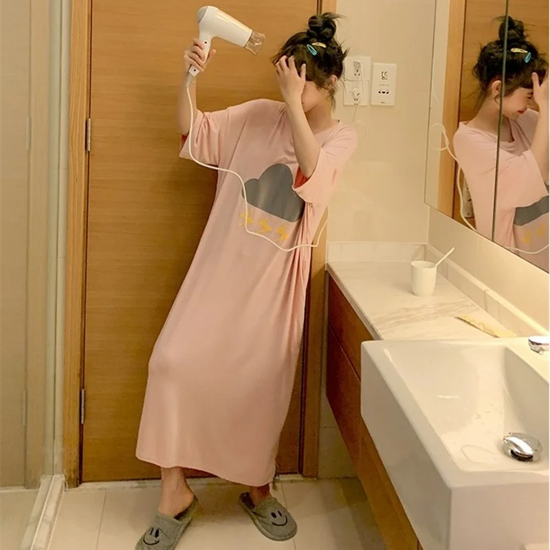 Loose Pajamas for Women Nightdress Night Gown Round Neck Cute Cartoon Mid-length Over-the-knee Longewear Vestidos Mujer Dress