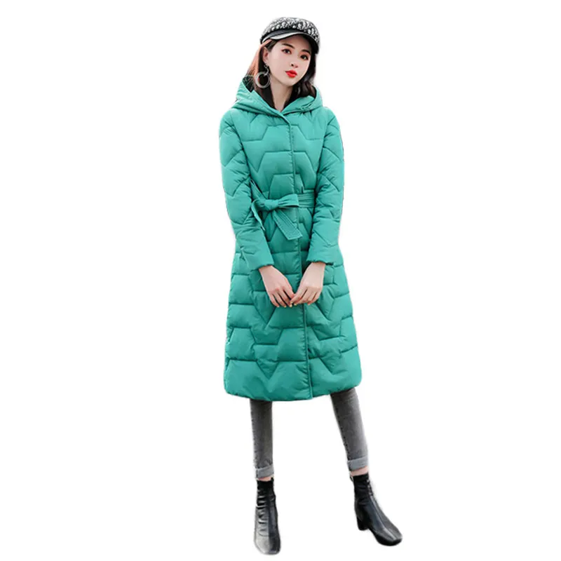 

Зимнее пальто, женская зеленая пуховая хлопковая куртка, новинка 2020, корейская мода, облегающие толстые длинные парки с капюшоном и поясом, ...