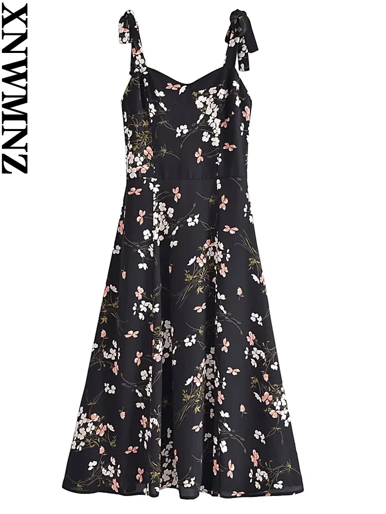 

XNWMNZ 2023 Women Fashion French Retro Print Dress Holiday Adjustable Shoulder Strap Back Zipper Slim Fit Female Midi Dresses
