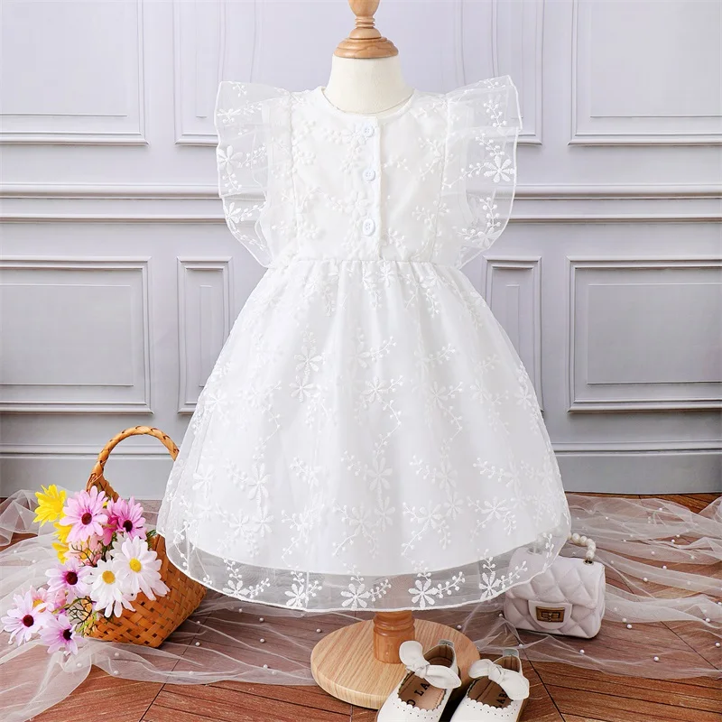 

Listenwind 4-7Y Kids Girls Flying Sleeve Dress Summer Casual Floral Embroidery Buttons A-Line Dress for Toddler Beach Party Wear