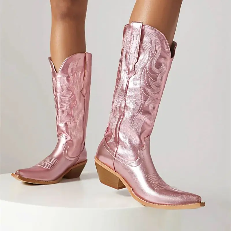 Женские ковбойские ботинки западные высокие золотые кожаные до середины икры на