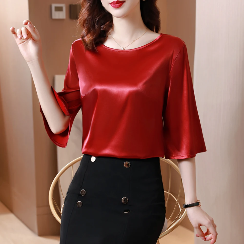 

New Summer Loose Silk Shirt Tops Women Vintage O-Neck Smooth Solid Satin Shirts Blouses Simple Fashion Women's Top Clothing