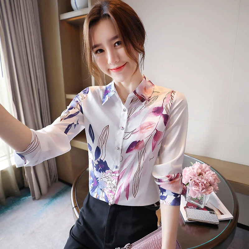 

Summer Women Shirt Long Sleeve Top Korean Fashion Chiffon Leisure Printing Loose Lapel Movafag