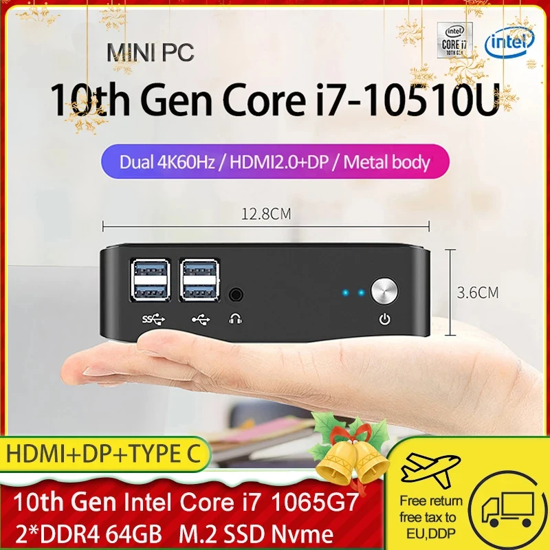 

Мини-ПК 10-го поколения Core i7 10510U i5 10210U 2 * DDR4 NVME M.2, карманный настольный компьютер Win10 Pro Type-c 4K HDMI2.0 DP ACWIFI