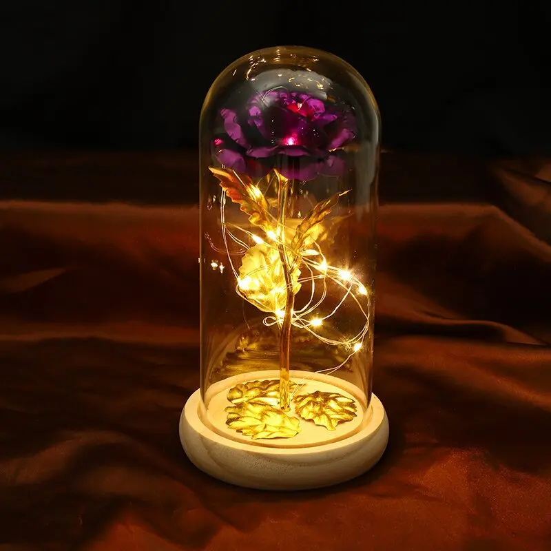 

LED Enchanted Galaxy Rose Eternal 24K Gold Foil Flower with String Lights In Dome for Home Decor Christmas Valentine's Day Gift