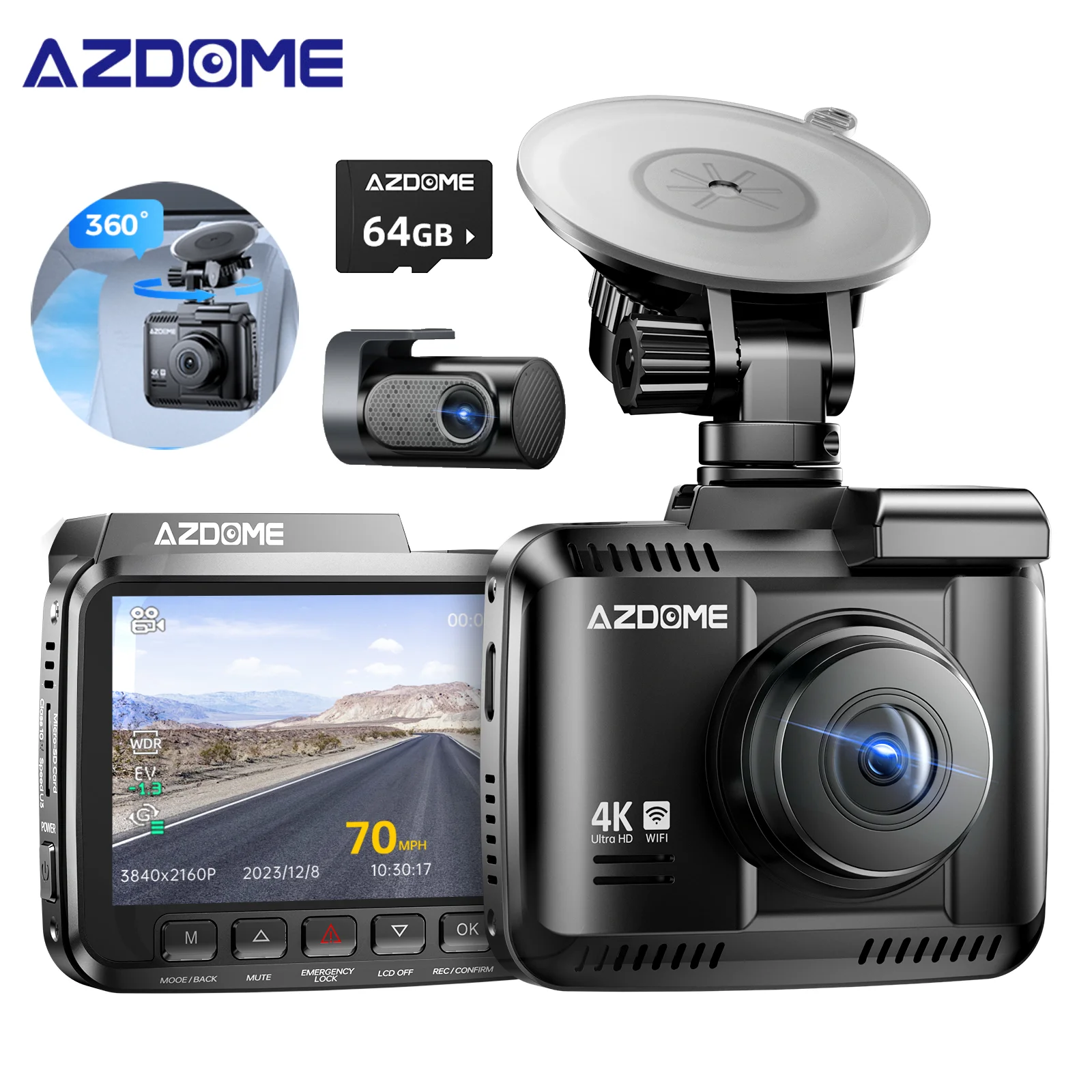 AZDOME 4K Видеорегистратор GS63H Pro Передняя камера Встроенный GPS WIFI 6 Автомобильный