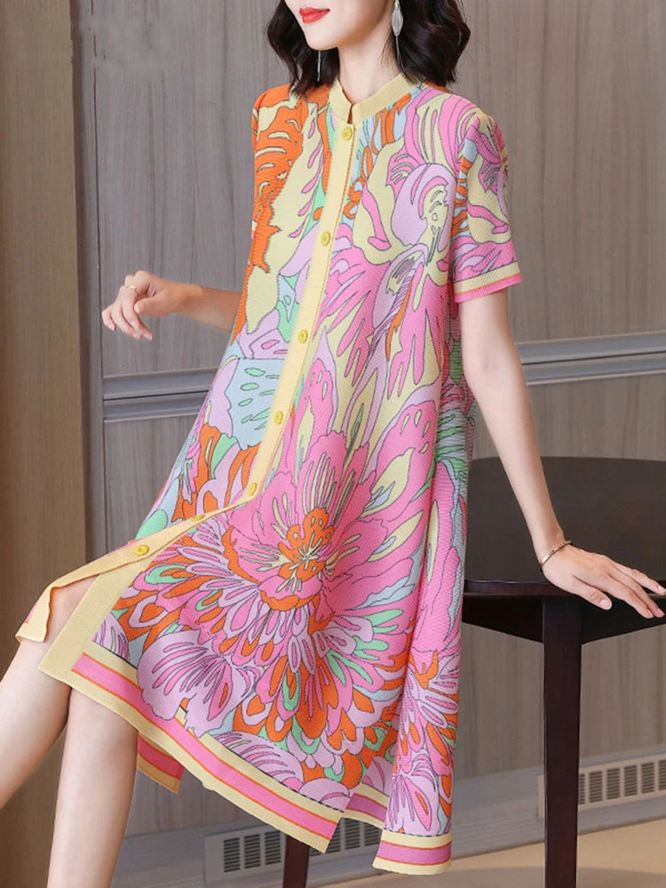

Miyake Pleated Dress Multicolor Printed Stand Collar Single Breasted Short Sleeve Loose Clothes Casual 2023 New Spring Summer