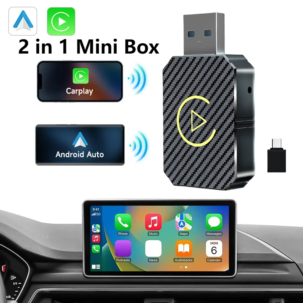 Фото Новый беспроводной адаптер CarPlay Android Auto 2 в 1, беспроводной адаптер Wi-Fi BT5.0 Smart Dongle Plug and Play, беспроводная мини-бокс с быстрым подключением №2