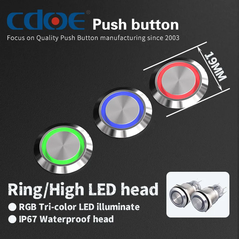 

on off button switch ip67 19mm rgb light ring led momentary latching ss metal push illuminated with connector