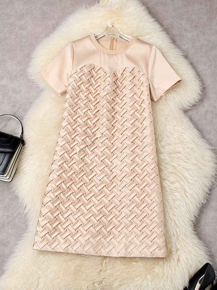 

HIGH STREET Newest Fashion 2022 Summer Designer Women's Weaving Design Round Neck Short Sleeve Dress