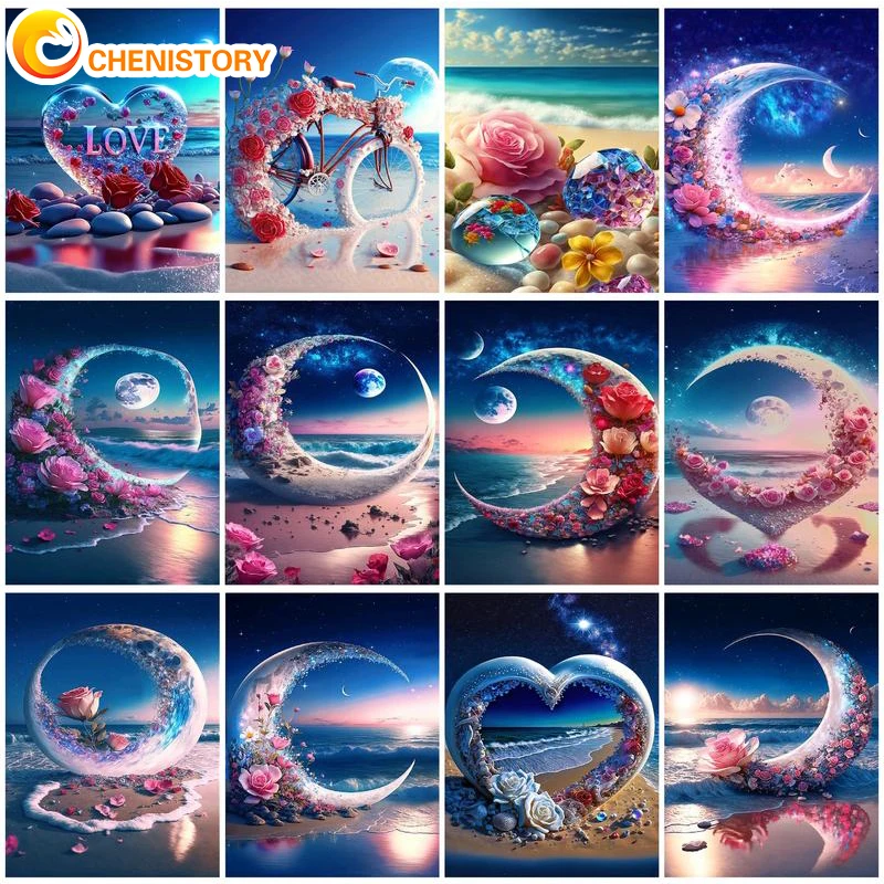

CHENISTORY Paint By Numbers Kits Beach Scenery DIY Oil Painting By Numbers Moon On Canvas Frameless Digital Home Wall Decor