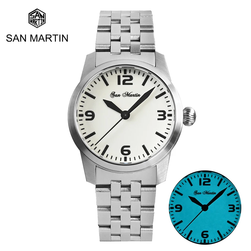 

San Martin Men Automatic Watch Pilot Military Luxury Mechanical Wristwatch Sapphire 10Bar Waterproof BGW-9 Luminous Steel Strap