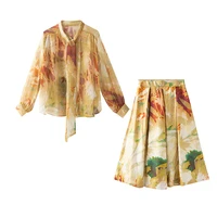 suits women two pieces set 100 silk printed top a line skirts elegant simple design high quality ladies set new fashion