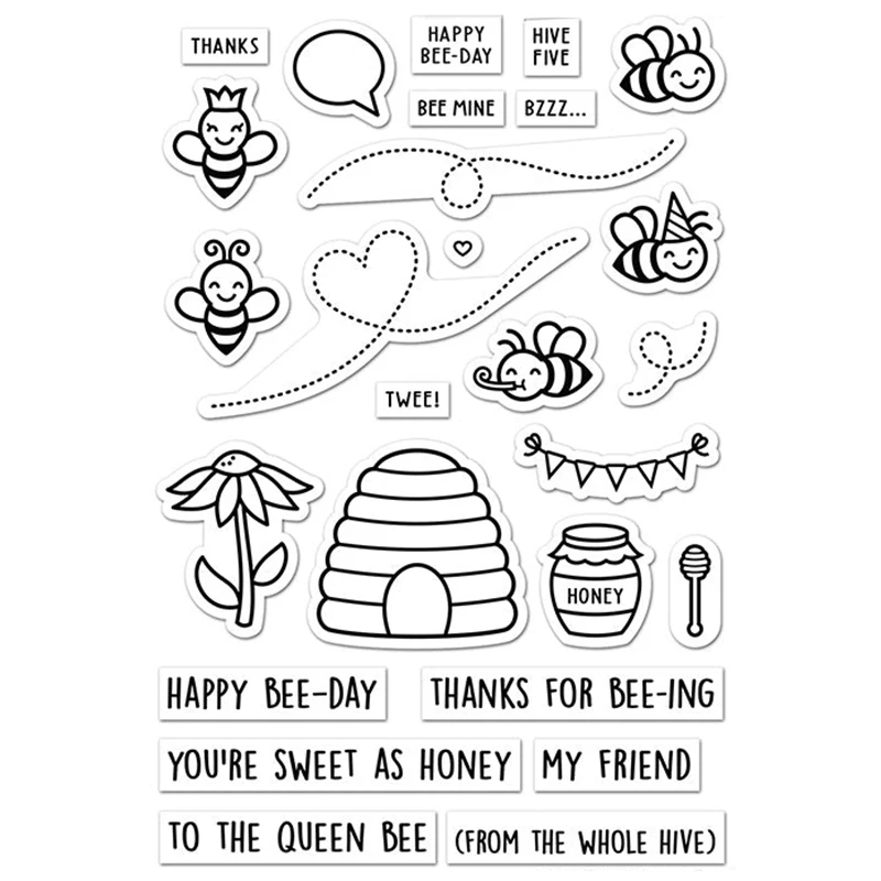 

Happy Bee-Day Thanks For Bee-Ing You're Sweet As Honey Bees Flowers Clear Stamp DIY Card Album Photo Making Stencil Crafts 2022