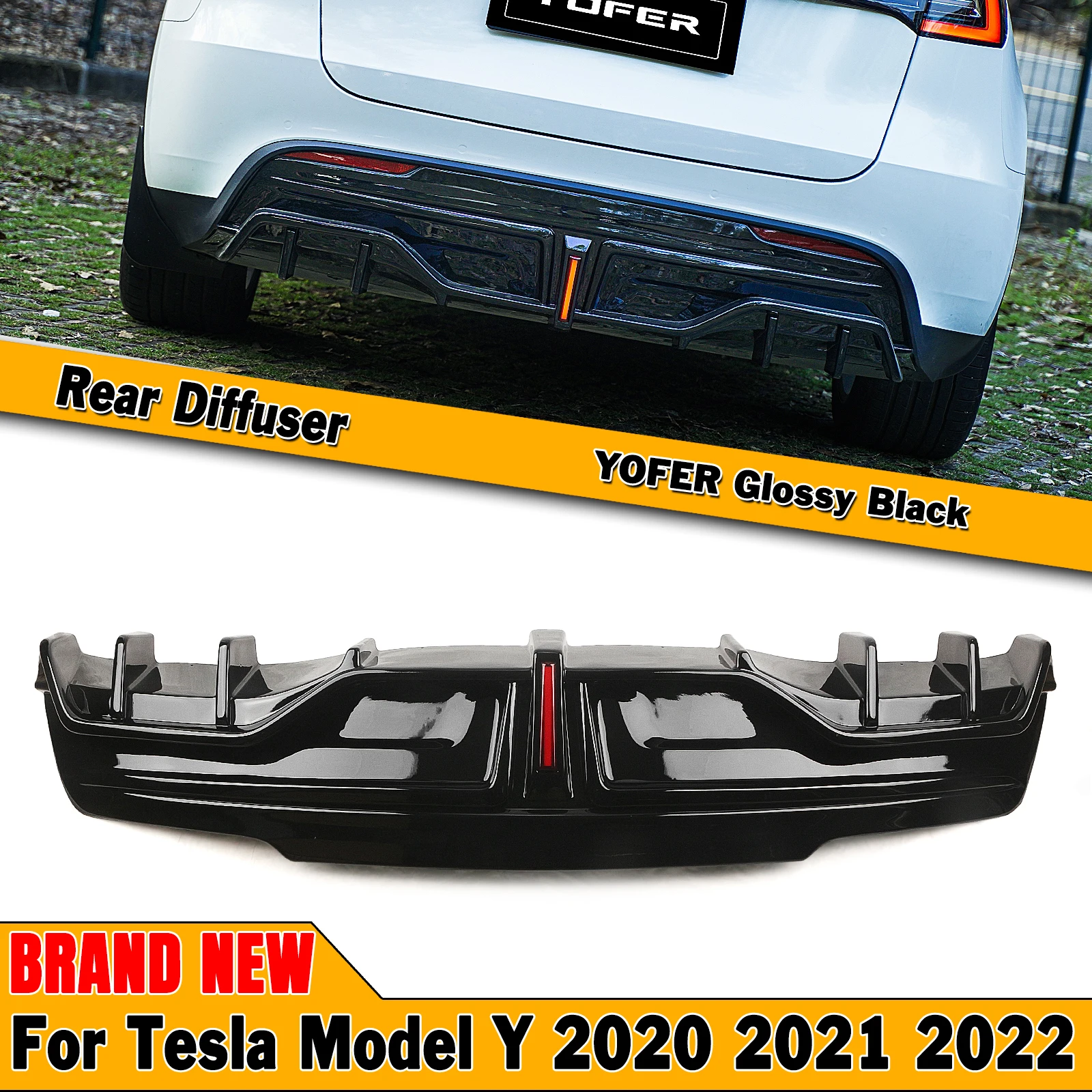 

YOFER Rear Bumper Diffuser Lip For Tesla Model Y 2020-2022 Glossy Black Car Boot Spoiler Plate Splitter Body Kit With LED Light